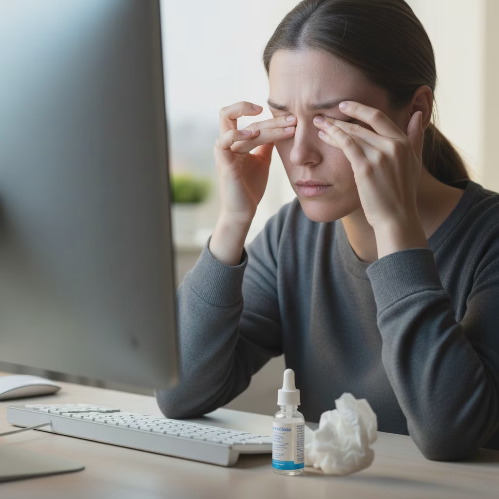 Close-up of a person gently rubbing their eye with fingertips, with soft natural light and a blurred indoor background
