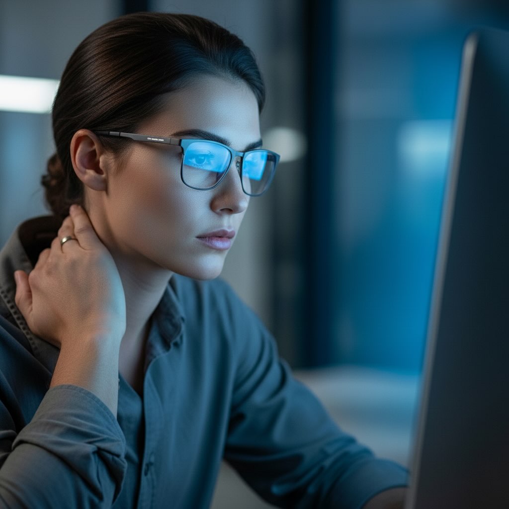 Woman rubbing her neck while working at a computer, experiencing digital eye strain and tension headaches